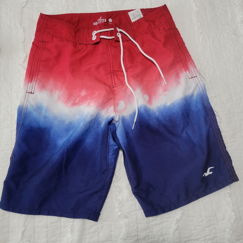 2/$30 Hollister Swim Trunks Boardshorts 28 EUC Red White & Blue Tie Dyed